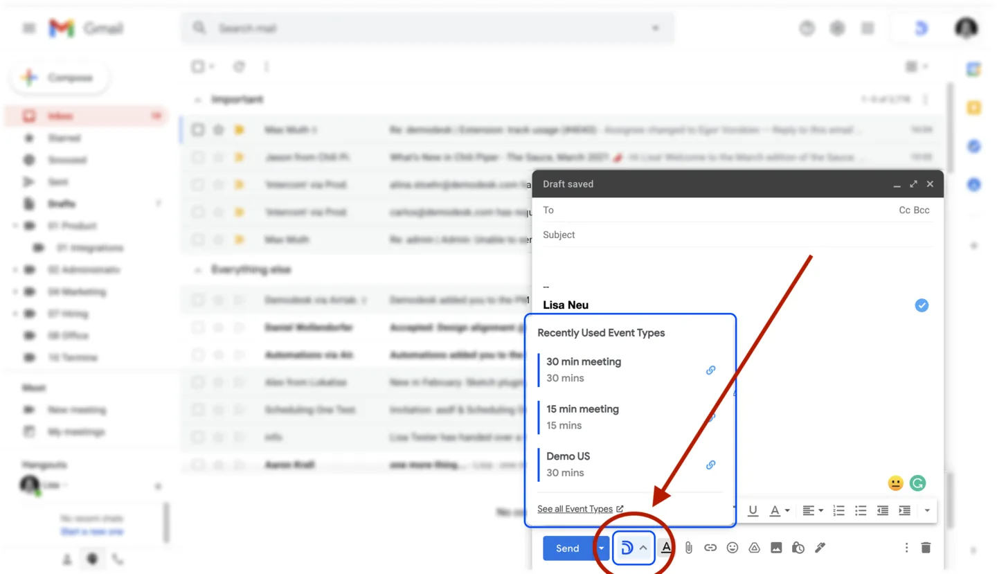 Gmail compose window with the Demodesk extension open, listing recently used event types to insert a booking link