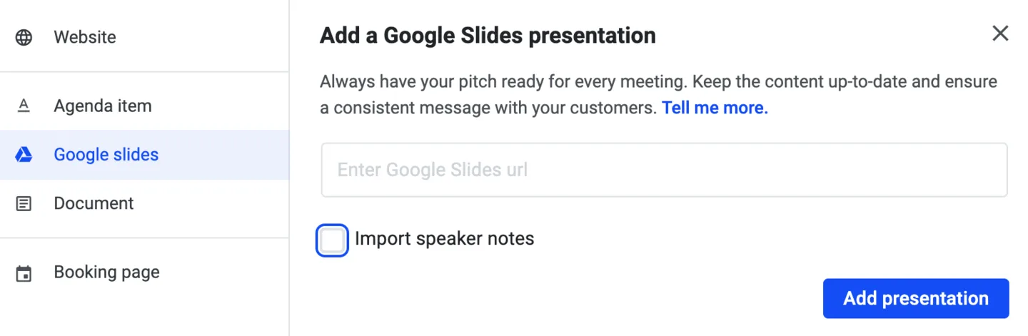 Playbook panel for adding content, with Google Slides selected and a URL field to paste the presentation link