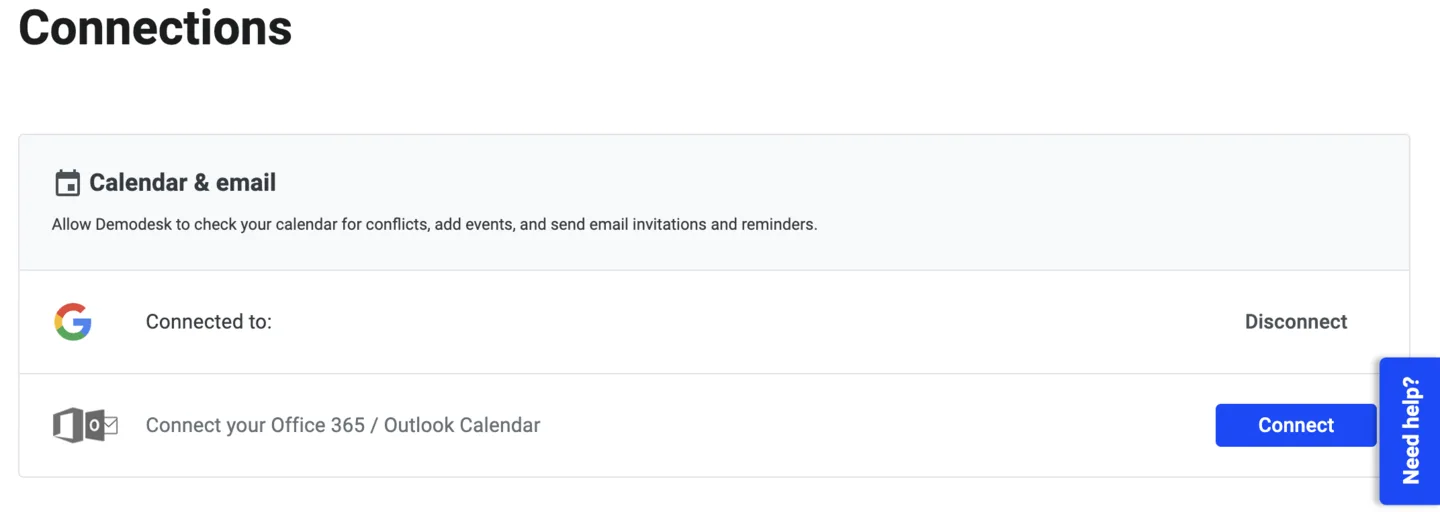 Connections settings showing Google Calendar connected, with a Disconnect option