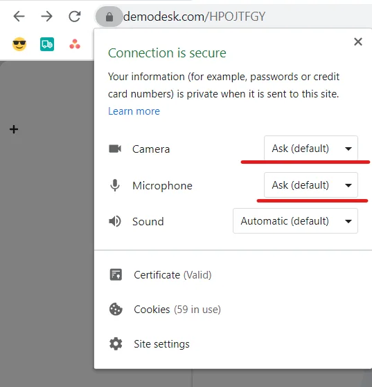 Chrome site settings popup showing Camera and Microphone permissions set to Ask default