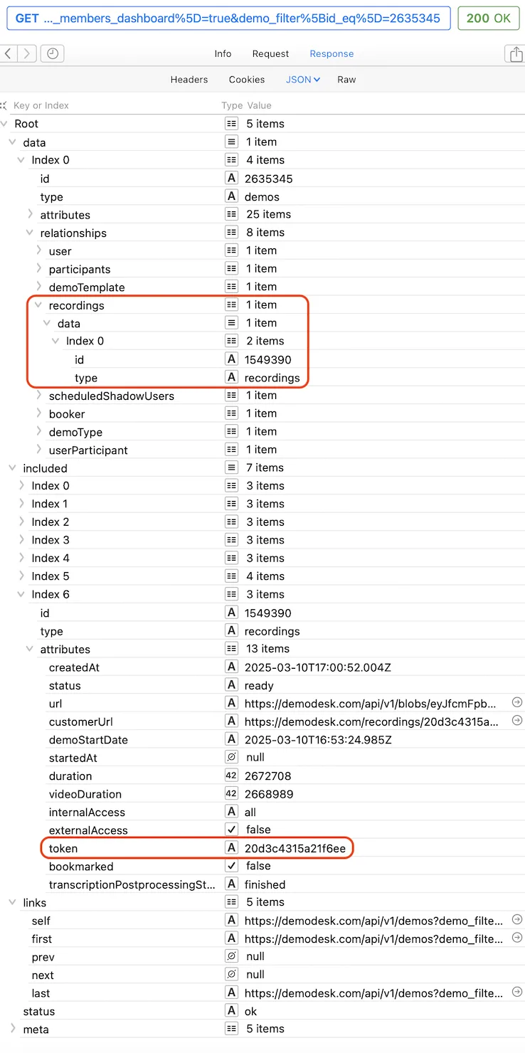 API response JSON with the recording token and recordings relationship fields highlighted