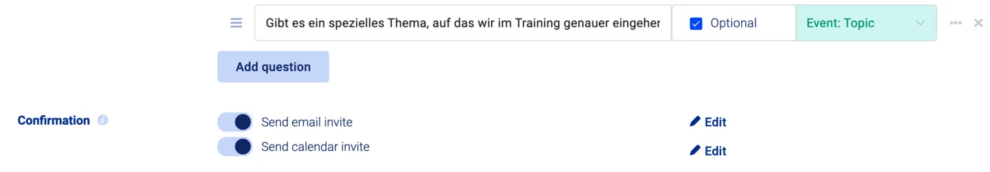 Meeting Type confirmation settings with Send email invite and Send calendar invite toggles enabled
