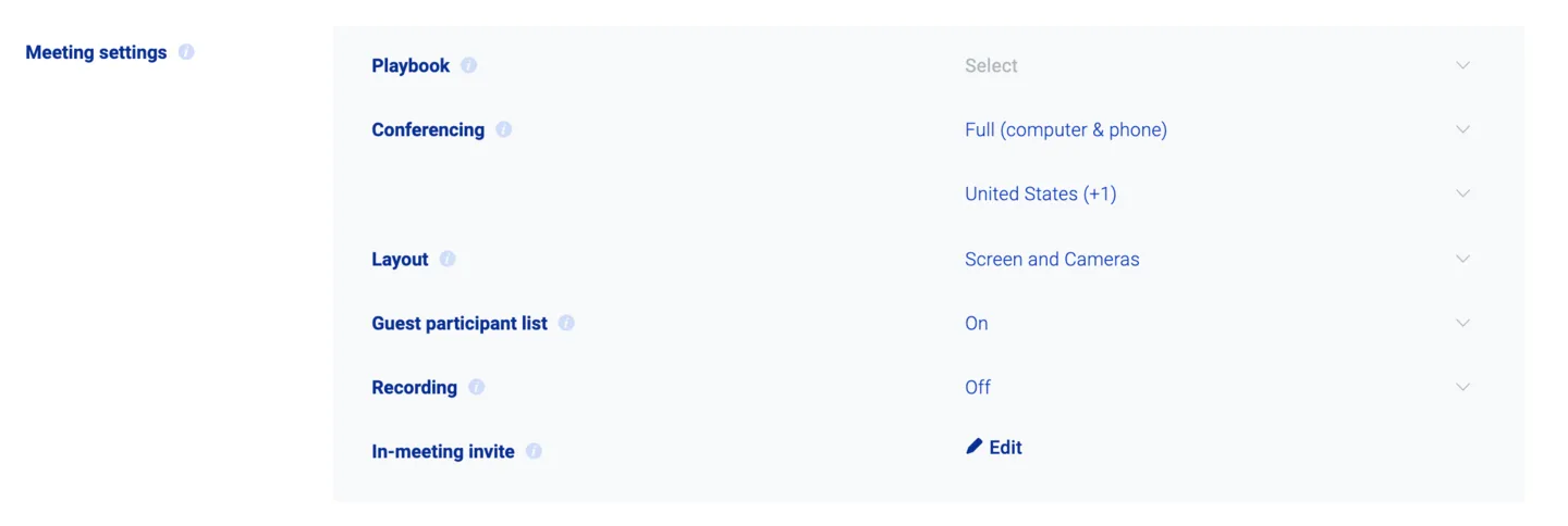 Meeting Type settings listing Conferencing, Layout, Guest participant list, Recording and In-meeting invite options