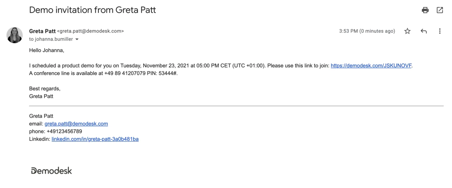 Example demo invitation email with a meeting join link and dial-in conference number