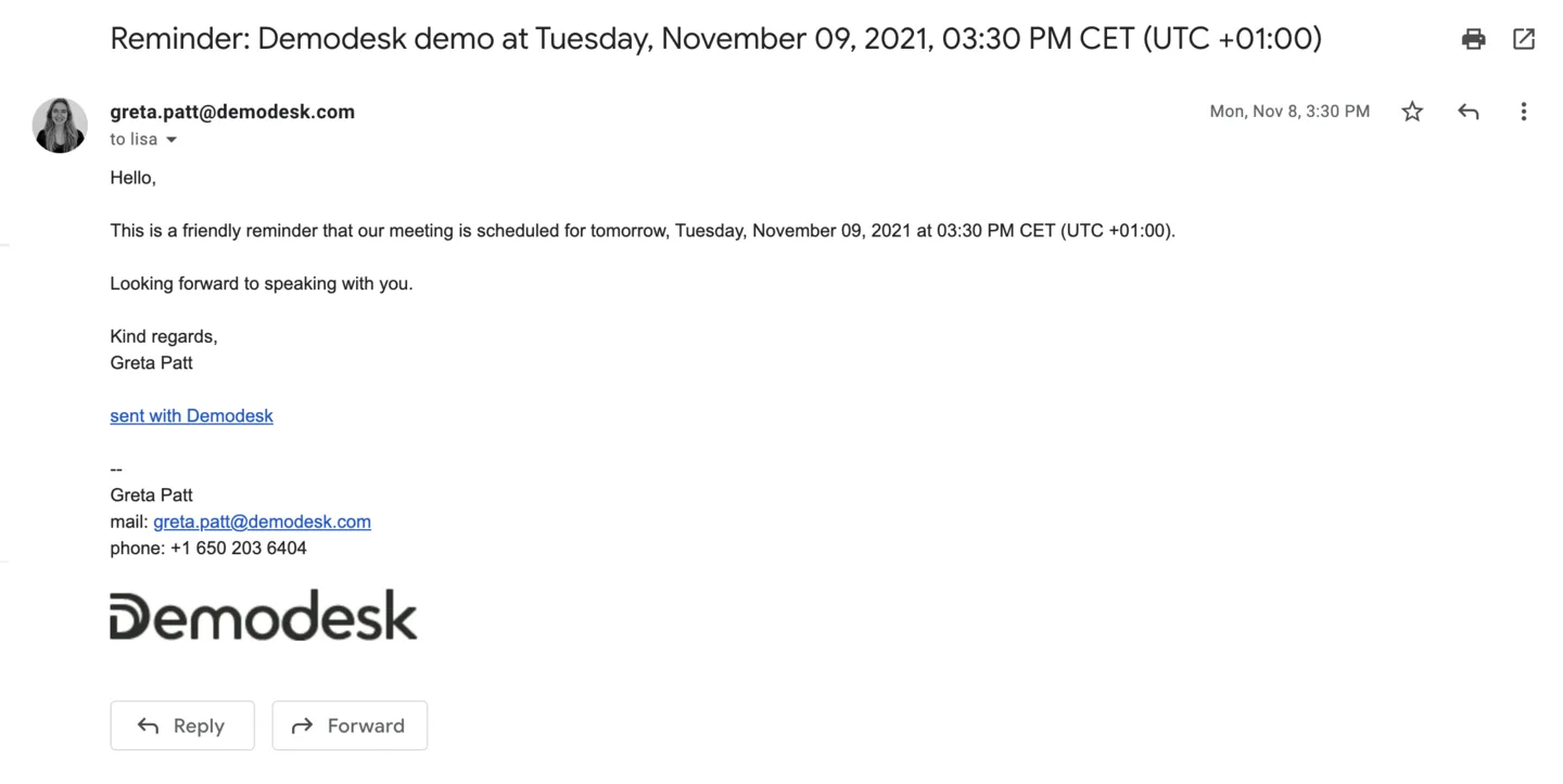 Example reminder email for an upcoming demo, sent with Demodesk in the footer