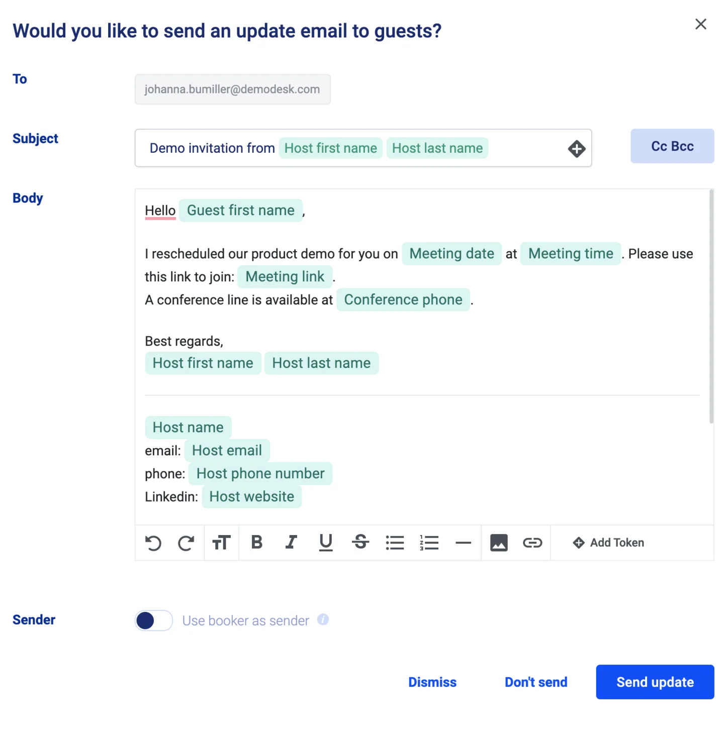 Update email dialog for a rescheduled meeting, prefilled with date, time and link tokens