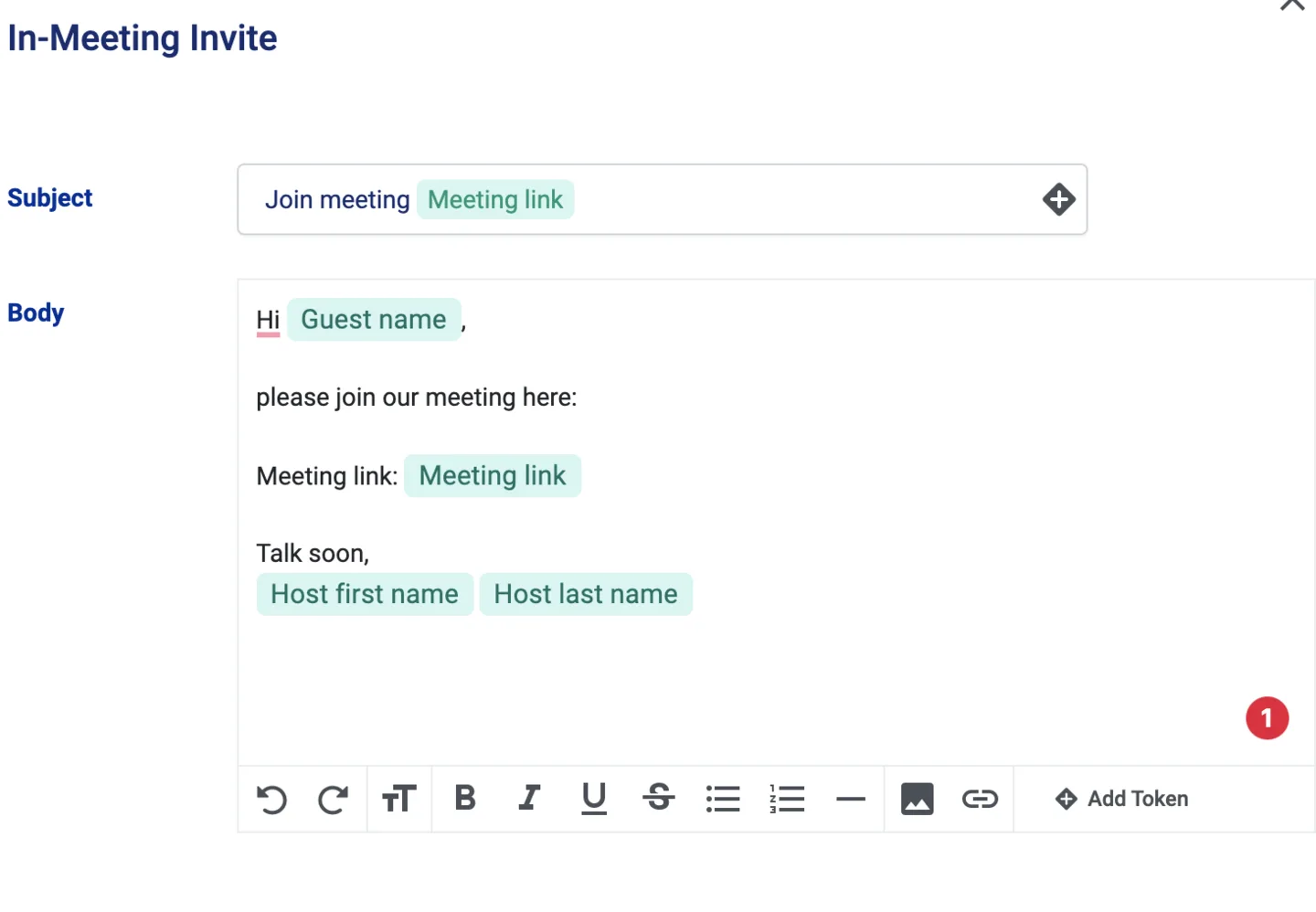 In-Meeting Invite email template with subject and body placeholder tokens