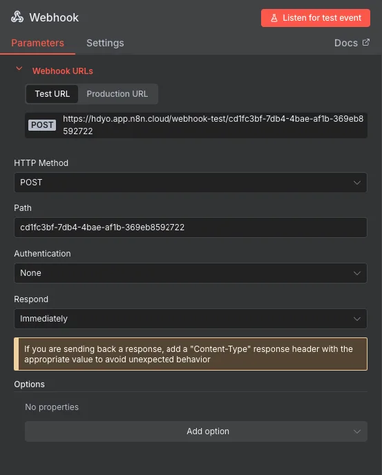 n8n Webhook node configured with POST method and authentication set to none