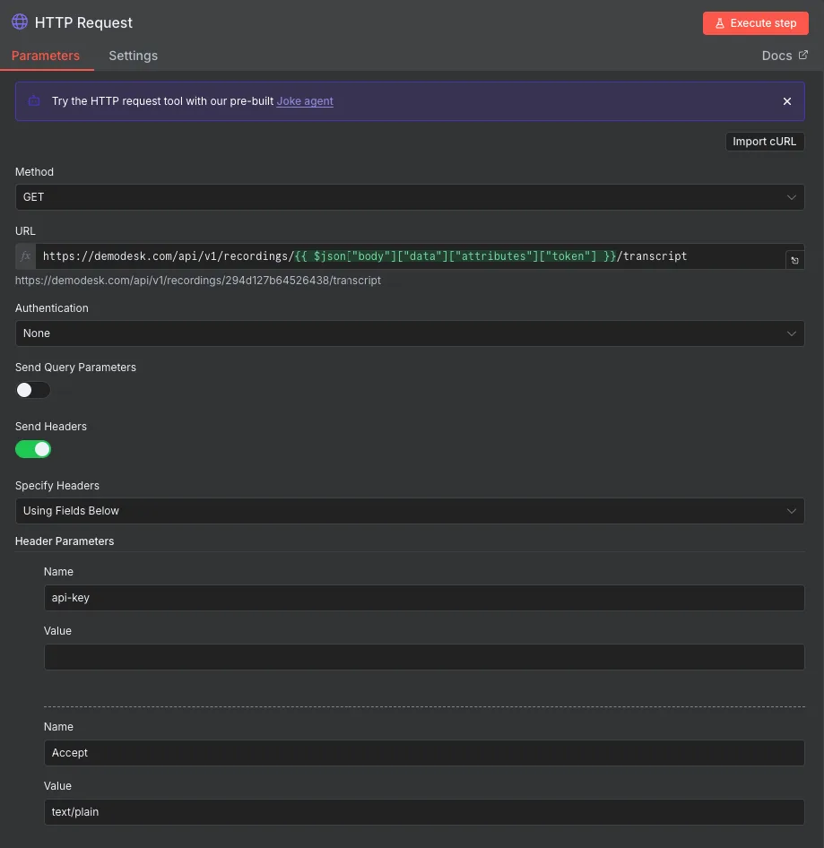 n8n HTTP Request node set to GET the transcript URL with api-key and Accept headers