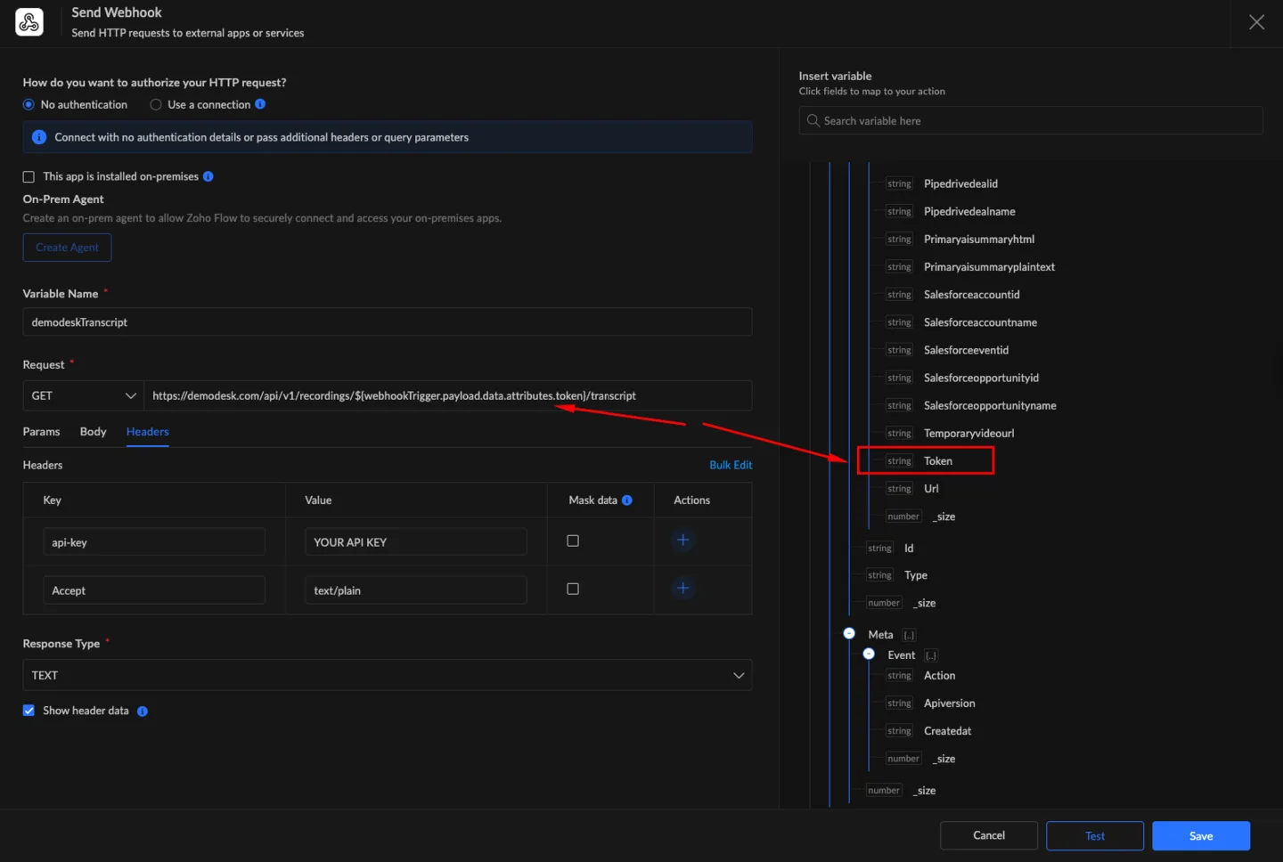 Send Webhook step in Zoho Flow with the GET request URL mapped to the token variable and headers for api-key and Accept