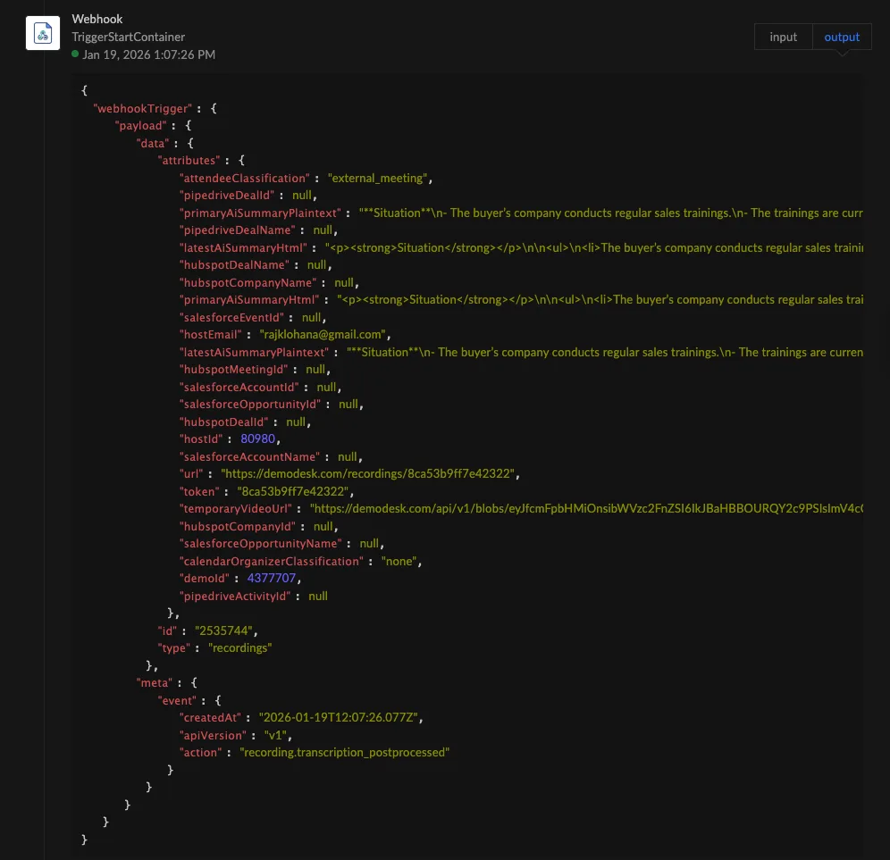 Webhook trigger output showing the JSON payload with the recording token and AI summary fields