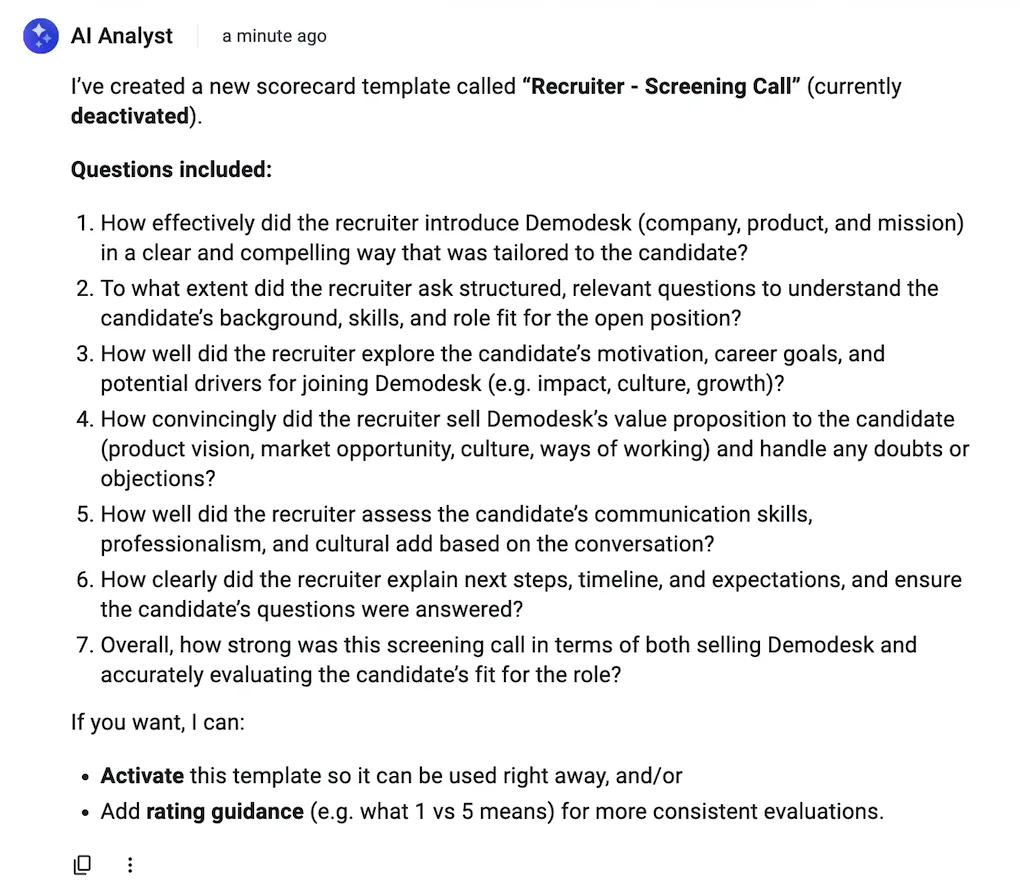 AI Analyst chat reply listing the questions of a newly created Recruiter Screening Call scorecard