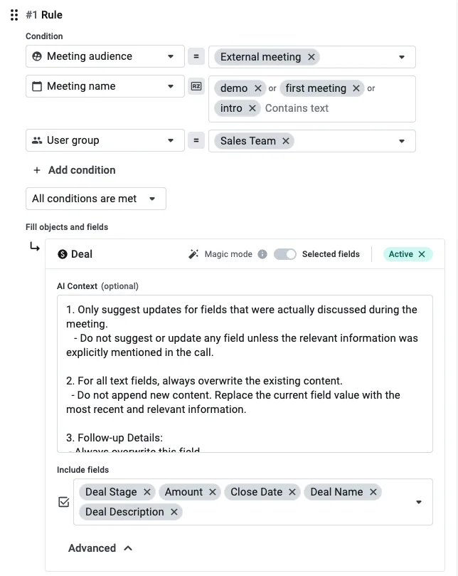 CRM automation rule with meeting audience and name conditions and AI context for deal fields