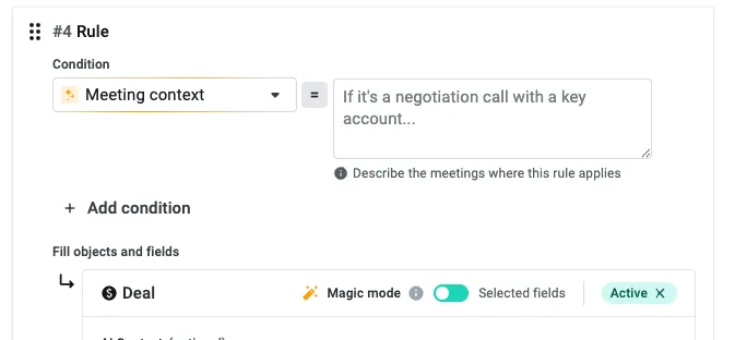 CRM automation rule using AI meeting context to detect a negotiation call with a key account