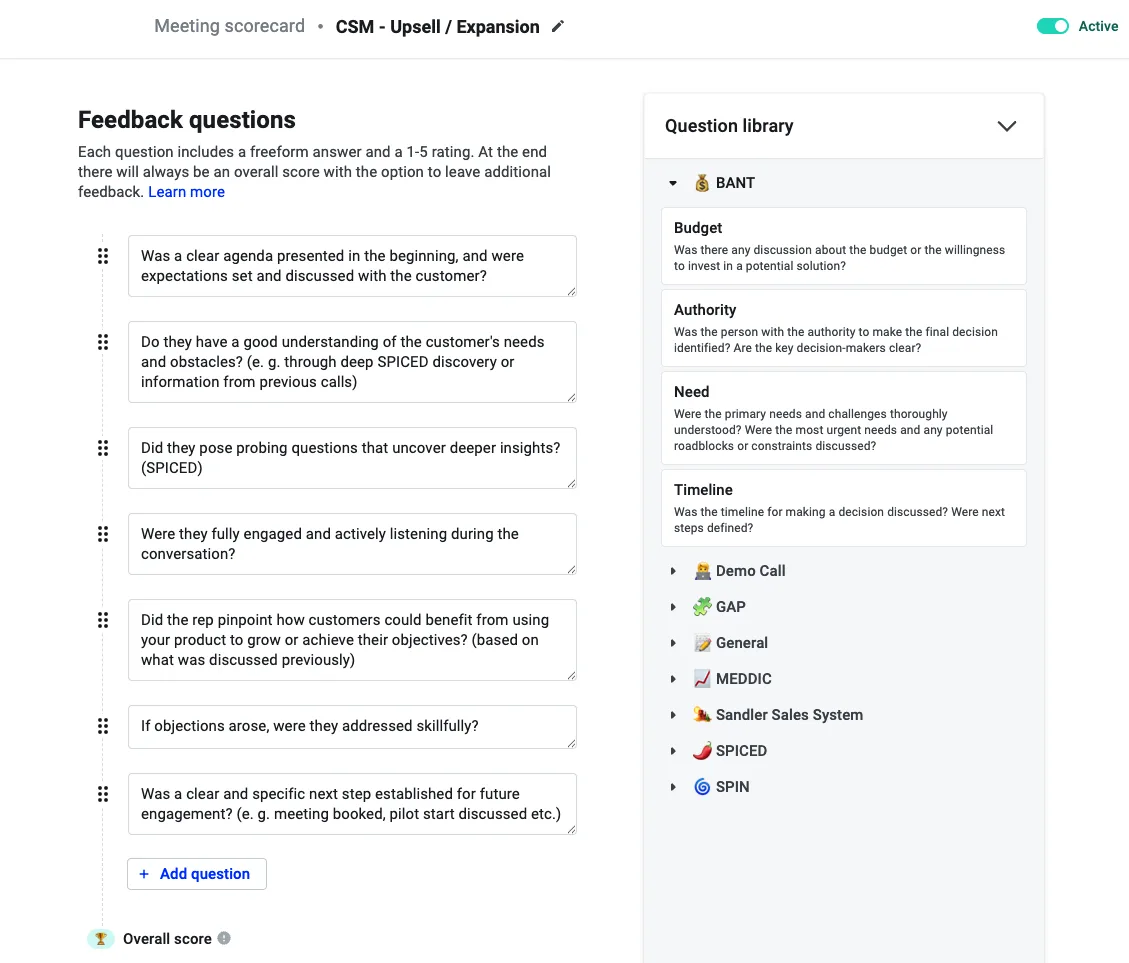 Scorecard editor showing feedback questions and the question library with BANT prompts on the right