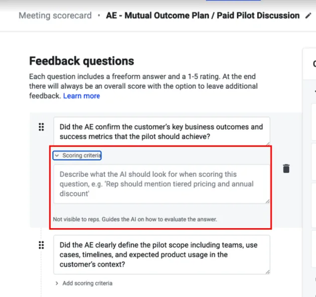 Scoring Criteria field under a scorecard question guiding the AI on what to check for