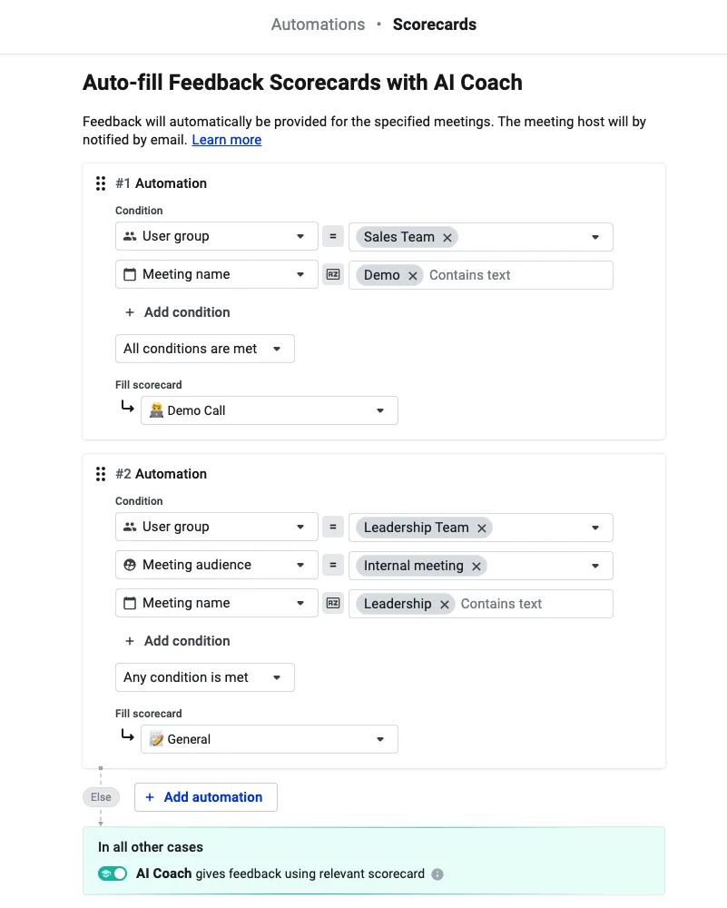 Scorecard automation rules with conditions like user group and meeting name mapped to a scorecard