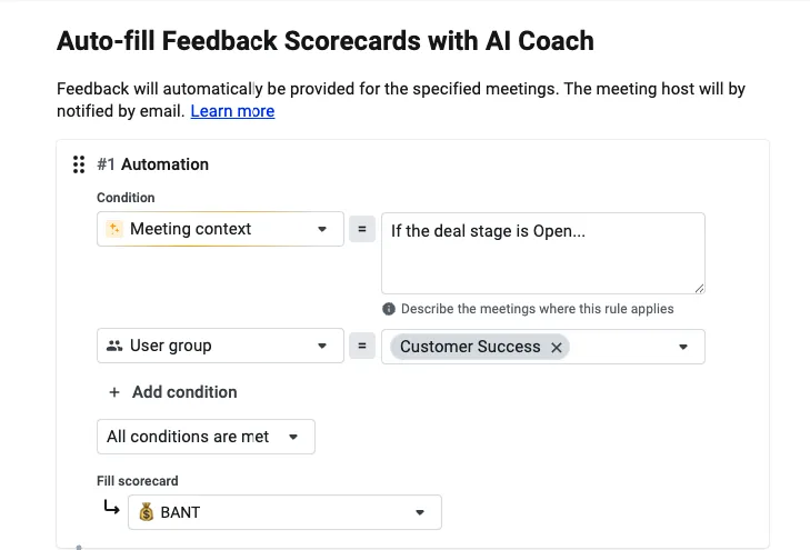 Automation rule using Meeting context in natural language to trigger the BANT scorecard