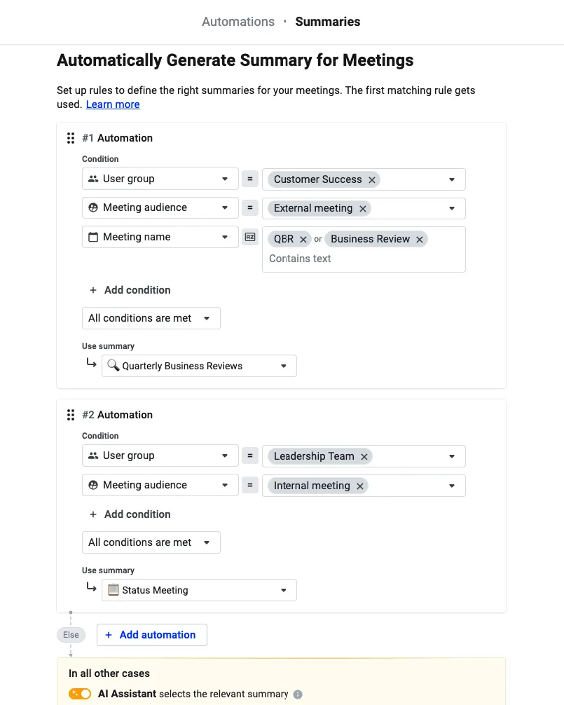 Automation rules matching conditions like user group and meeting name to specific summary templates
