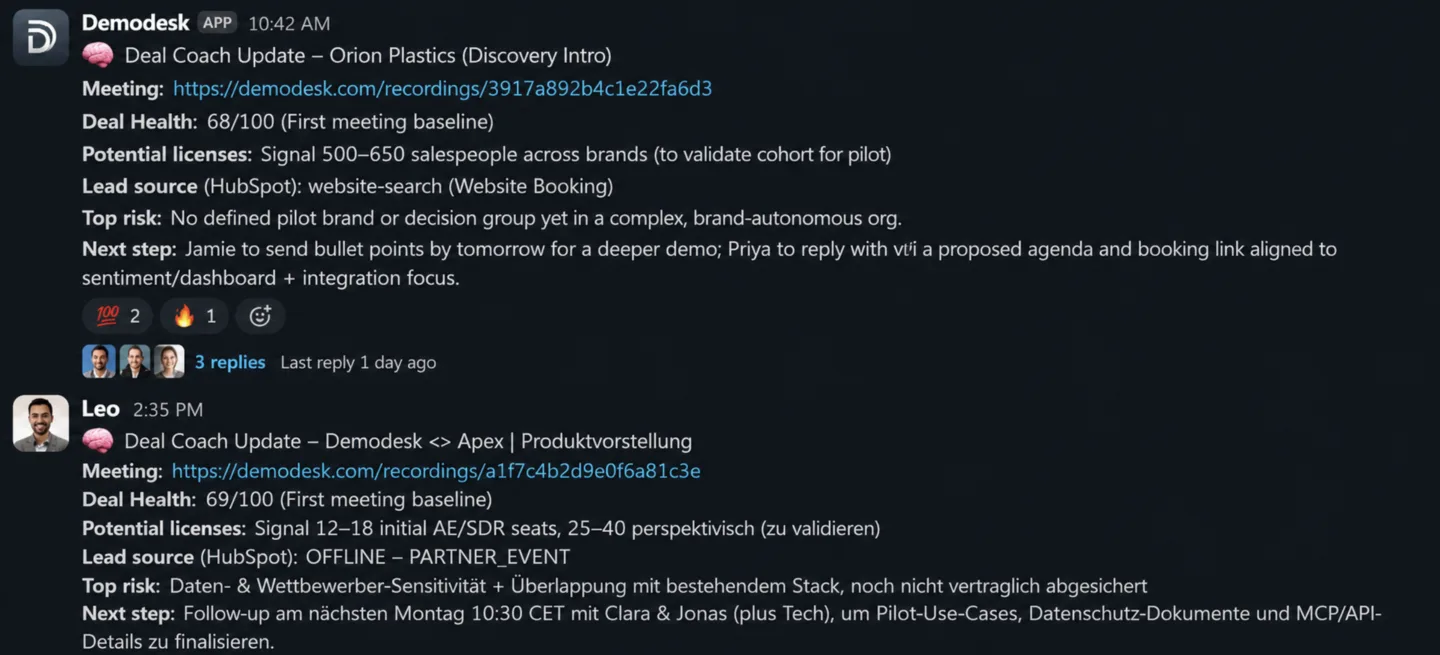 Slack channel with Deal Coach Update messages showing deal health score, top risk and next step