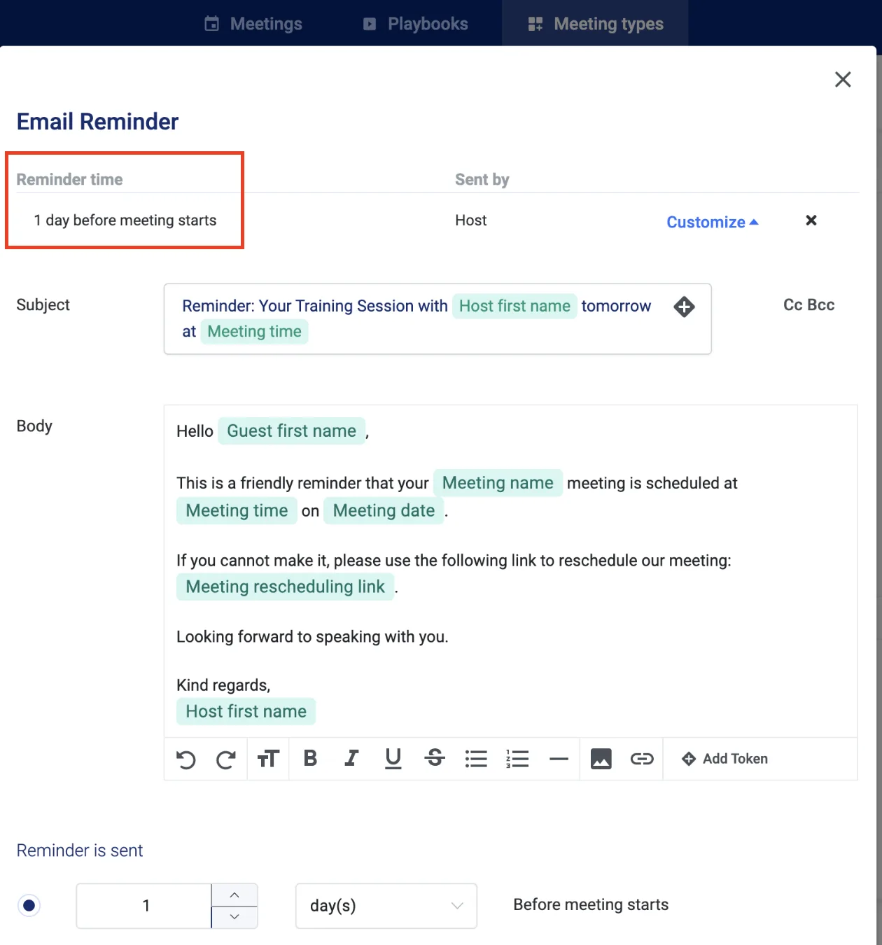 Email Reminder dialog with Reminder time set to 1 day before meeting starts