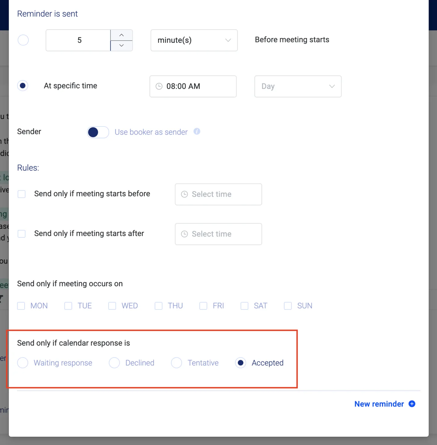 Reminder rules panel with Send only if calendar response is set to Accepted