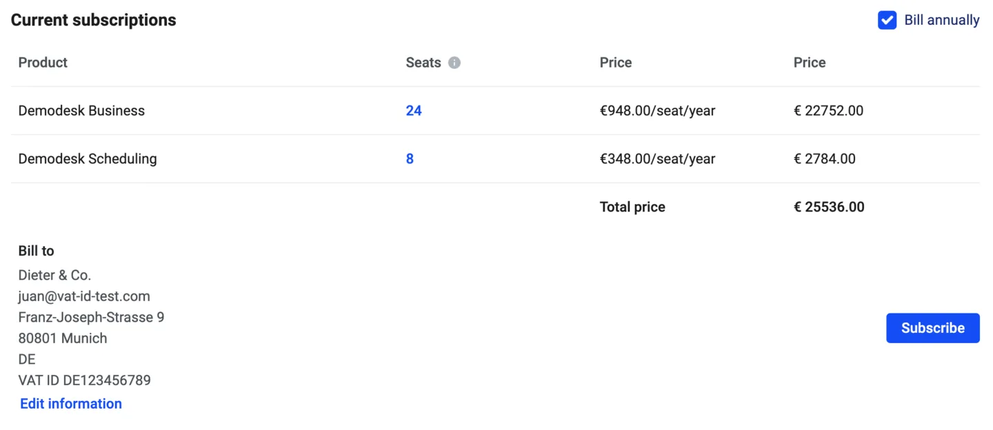 Current subscriptions page showing seat counts, per-seat price, and total price for two products