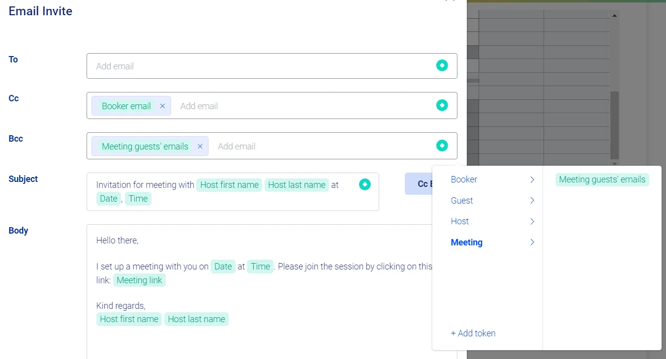 Email invite form with the Booker email token in Cc and Meeting guests' emails token in Bcc