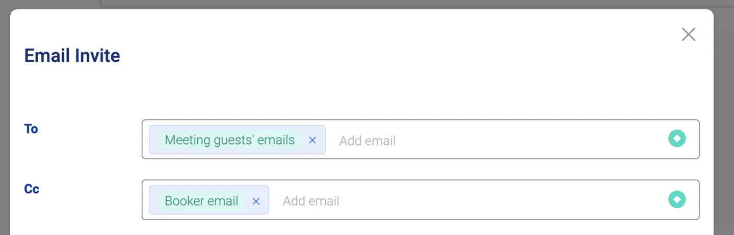 Email Invite Dialog: Token Meeting guests' emails im Feld An, Token Booker email im Feld Cc