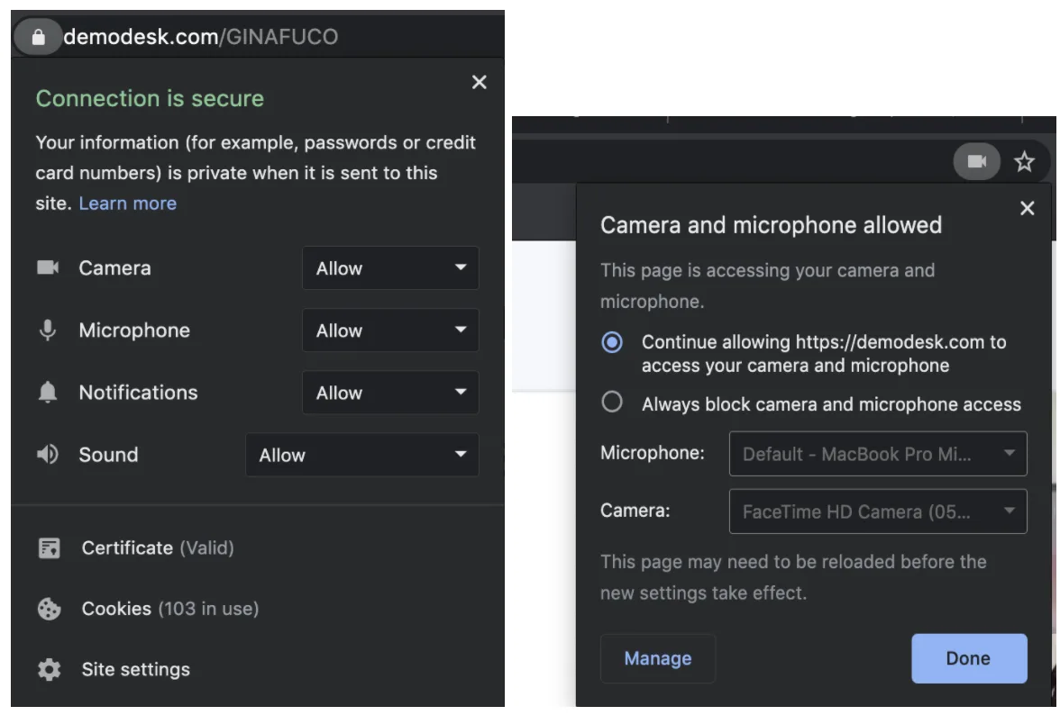 Chrome site permissions panel with camera, microphone, notifications, and sound all set to Allow