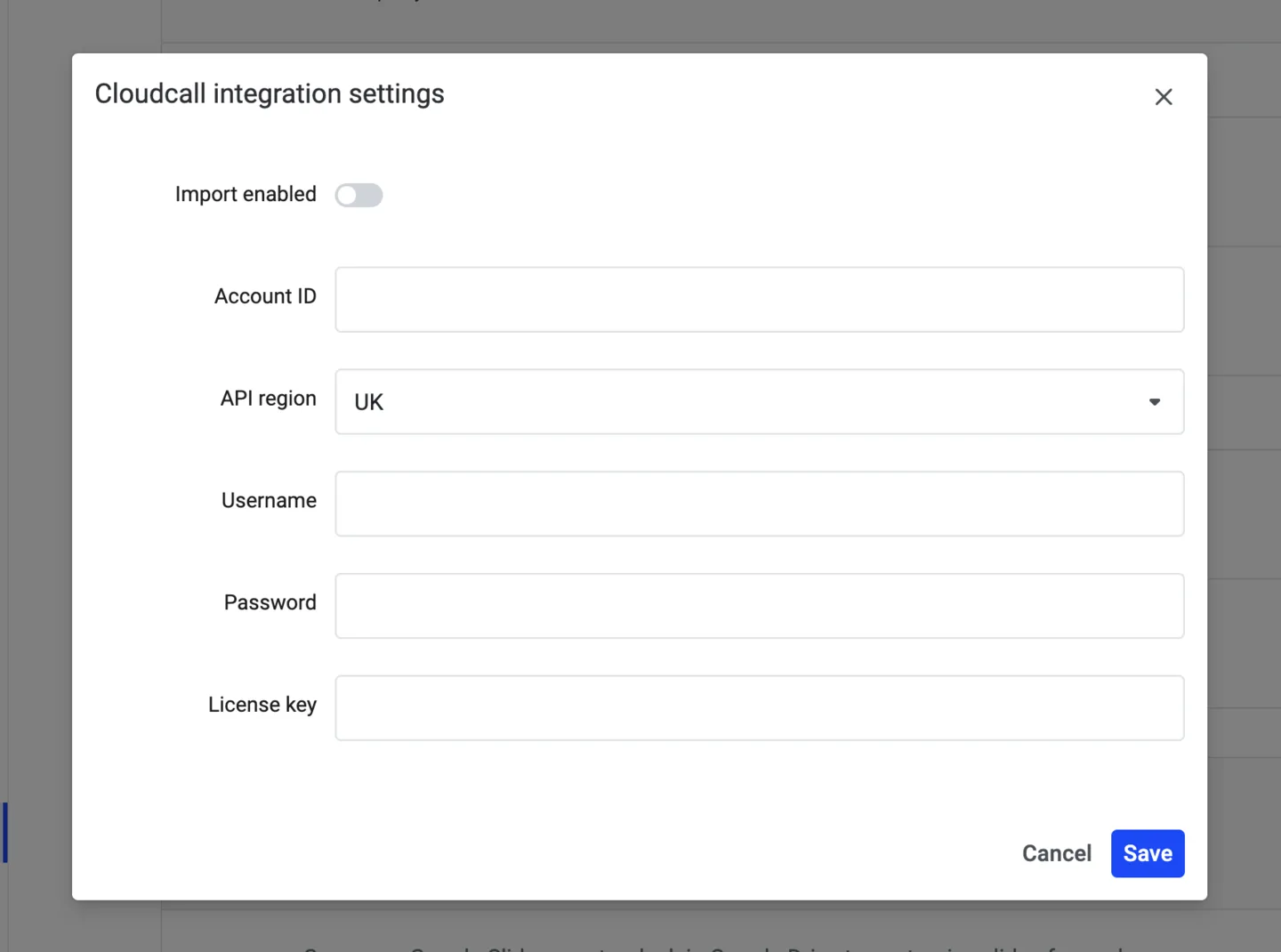 Cloudcall integration settings dialog with fields for Account ID, API region, username, password, and license key