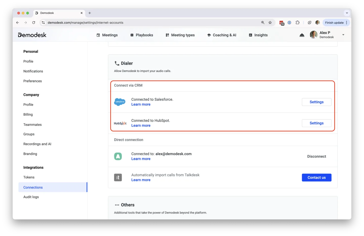 Connections settings page with the Connect via CRM section highlighted showing Salesforce and HubSpot connected