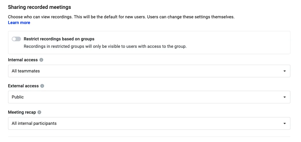 Company recording settings: internal access set to All teammates, external access set to Public