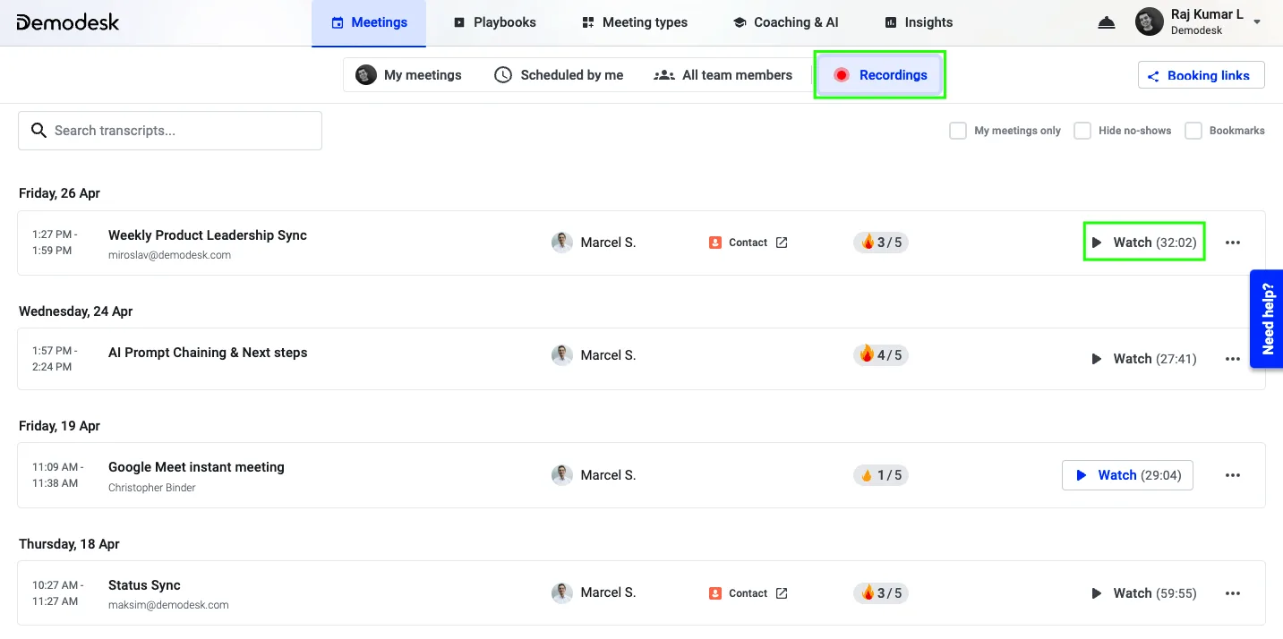 Recordings tab open with the Watch button highlighted on the top meeting