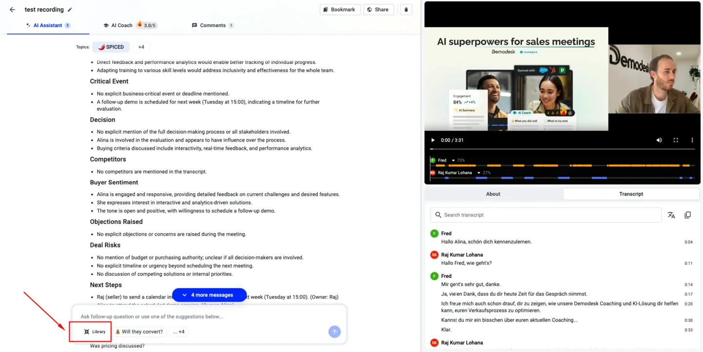 AI Assistant panel with the Library button highlighted among the summary template suggestions