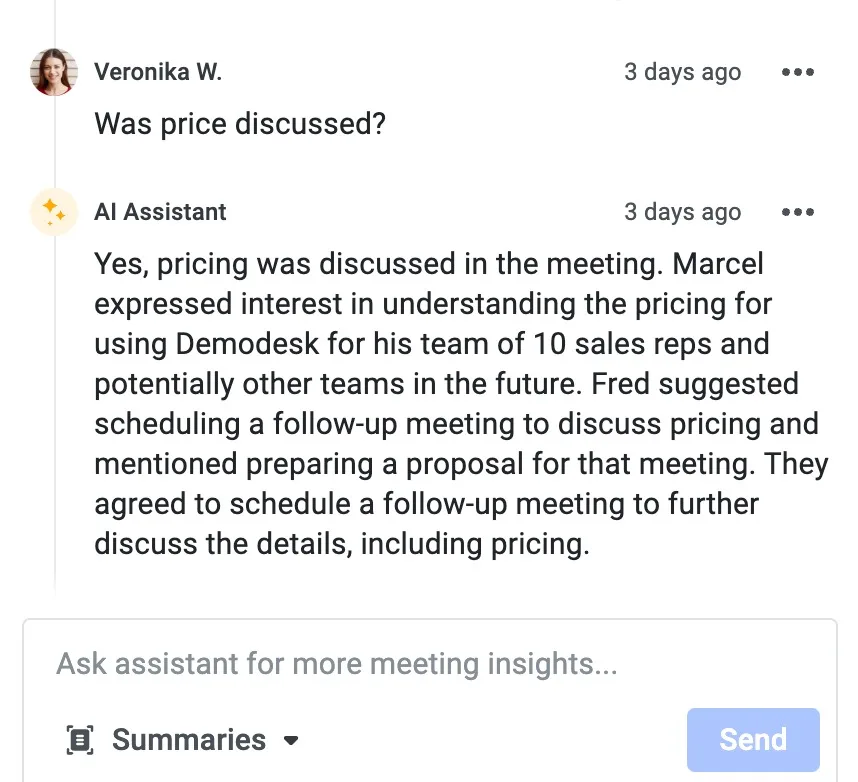 AI Assistant chat answering a question about whether pricing was discussed in the meeting