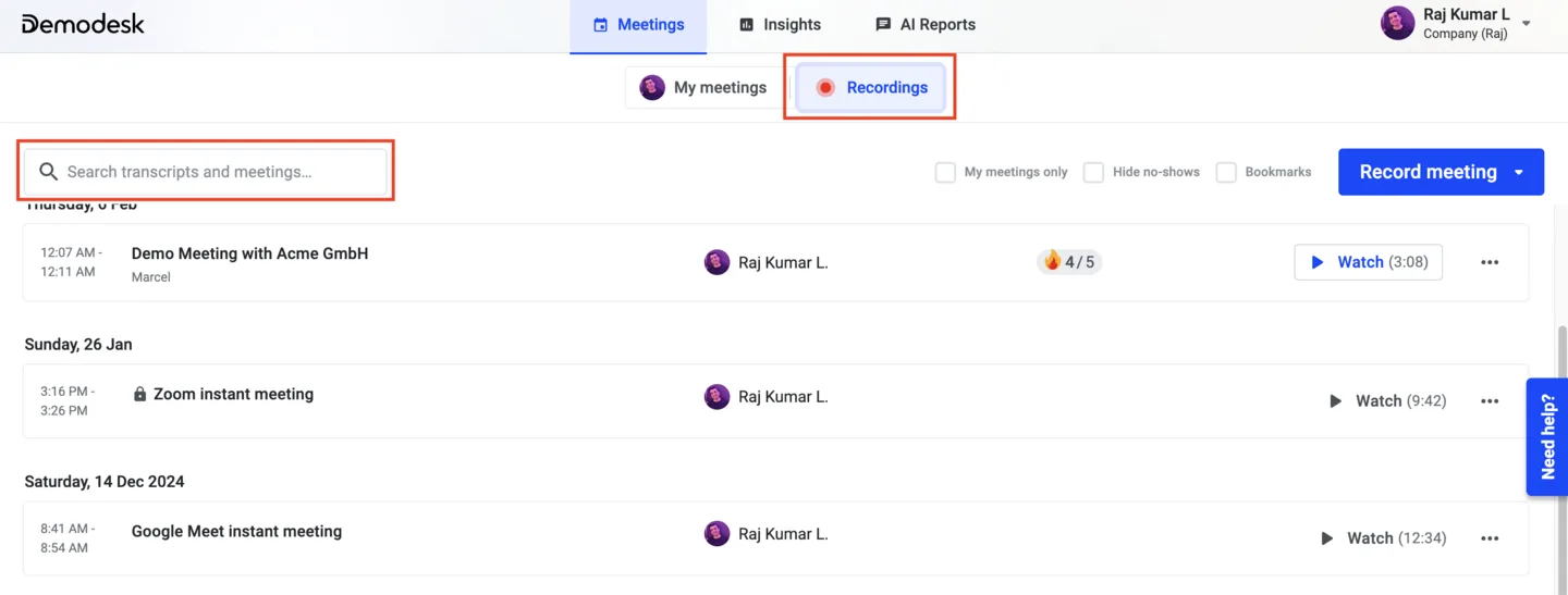 Recordings tab with the search transcripts and meetings field highlighted