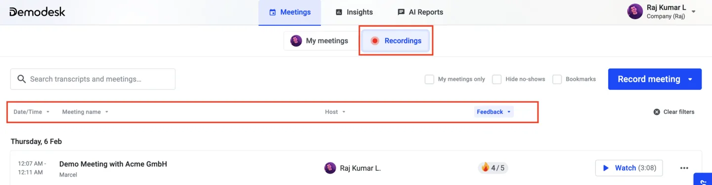 Recordings list with the Date/Time, Meeting name, Host, and Feedback filters highlighted