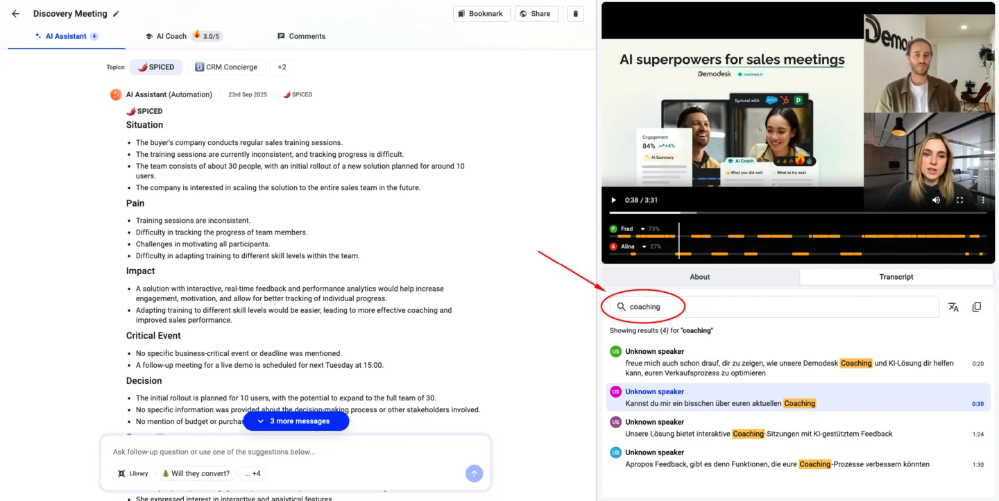 Transcript search box highlighted, showing results for the keyword coaching within a recording