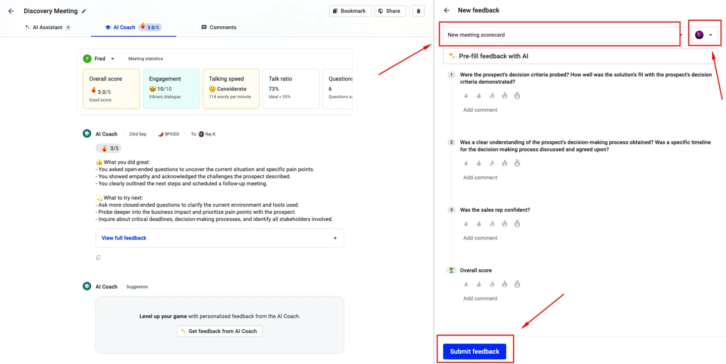 New feedback form with the scorecard name, reviewer, AI pre-fill option, and submit button highlighted