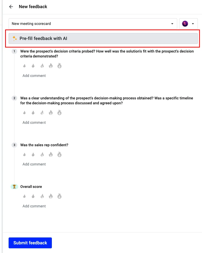 New feedback form with the Pre-fill feedback with AI option highlighted