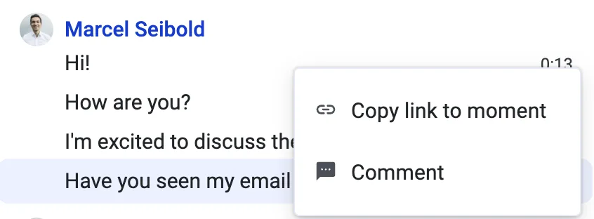 Transcript message context menu showing Copy link to moment and Comment options
