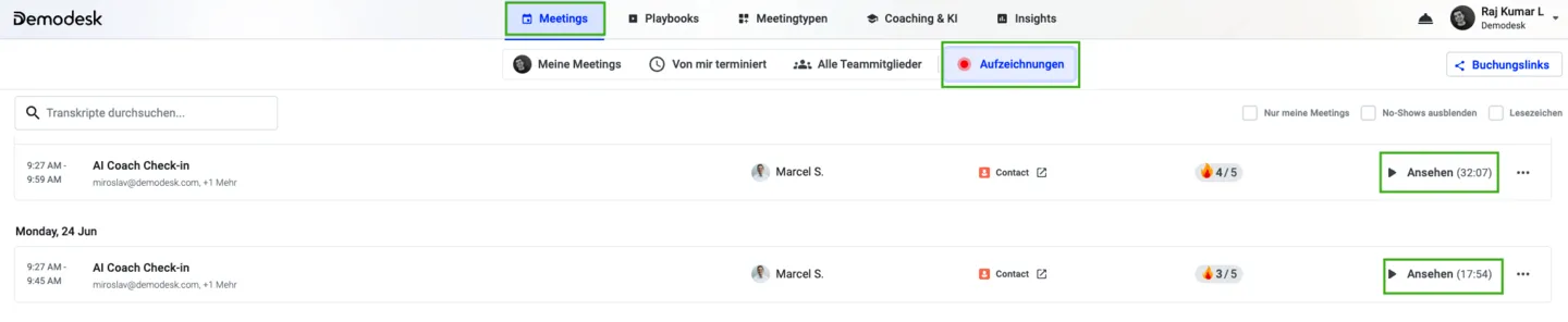 Aufzeichnungen-Tab und Ansehen-Schaltfläche in der Meetings-Übersicht hervorgehoben