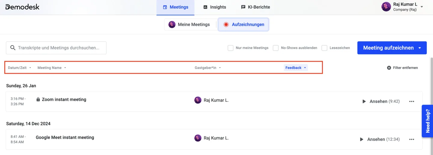 Filterzeile mit Datum/Zeit, Meeting-Name, Gastgeberin und Feedback hervorgehoben