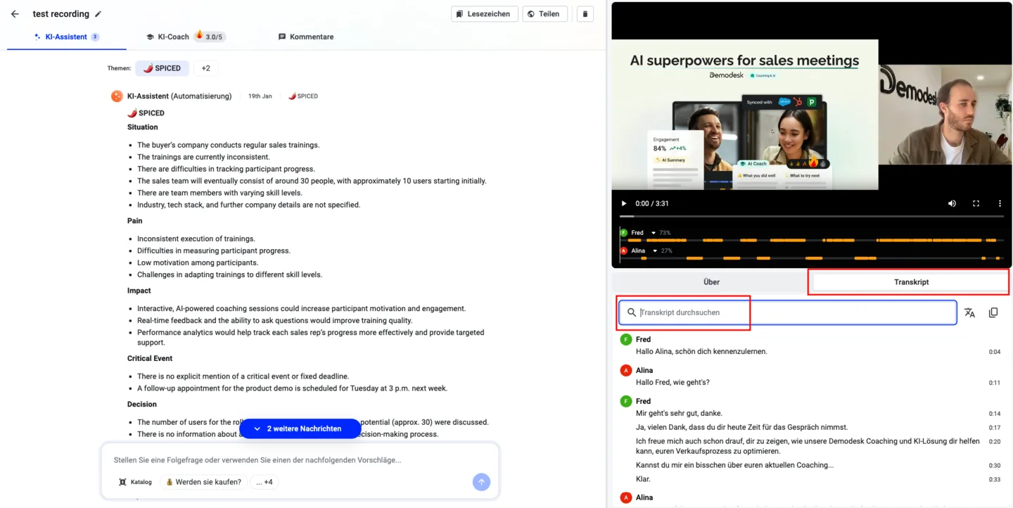 Transkript-Tab und Suchfeld in der Aufzeichnungsansicht hervorgehoben