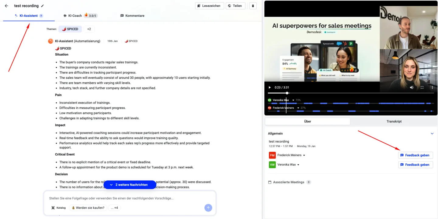 Pfeile zeigen auf den KI-Assistent-Tab und die Feedback-geben-Schaltflächen neben den Teilnehmenden