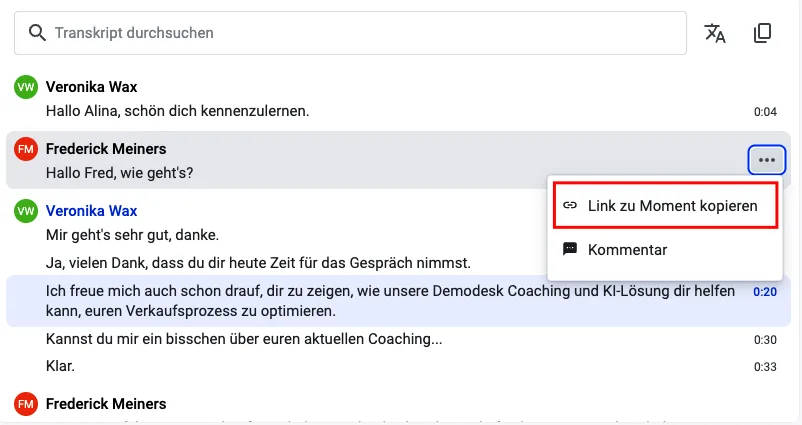 Drei-Punkte-Menü im Transkript mit hervorgehobener Option „Link zu Moment kopieren“