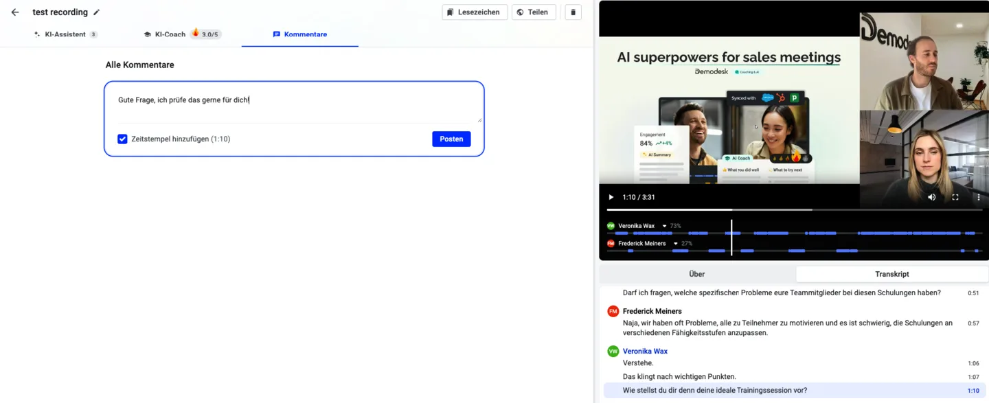 Kommentarfeld im Kommentare-Tab mit aktivierter Option „Zeitstempel hinzufügen“ und Posten-Schaltfläche
