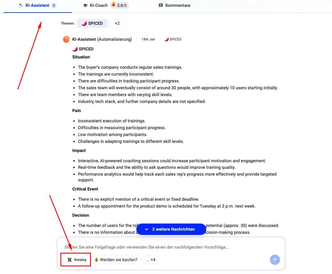 Pfeile zeigen auf den KI-Assistent-Tab und einen Vorschlags-Button im Chatfeld