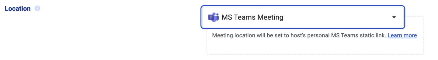 Location field set to MS Teams Meeting, using the host's personal Teams static link
